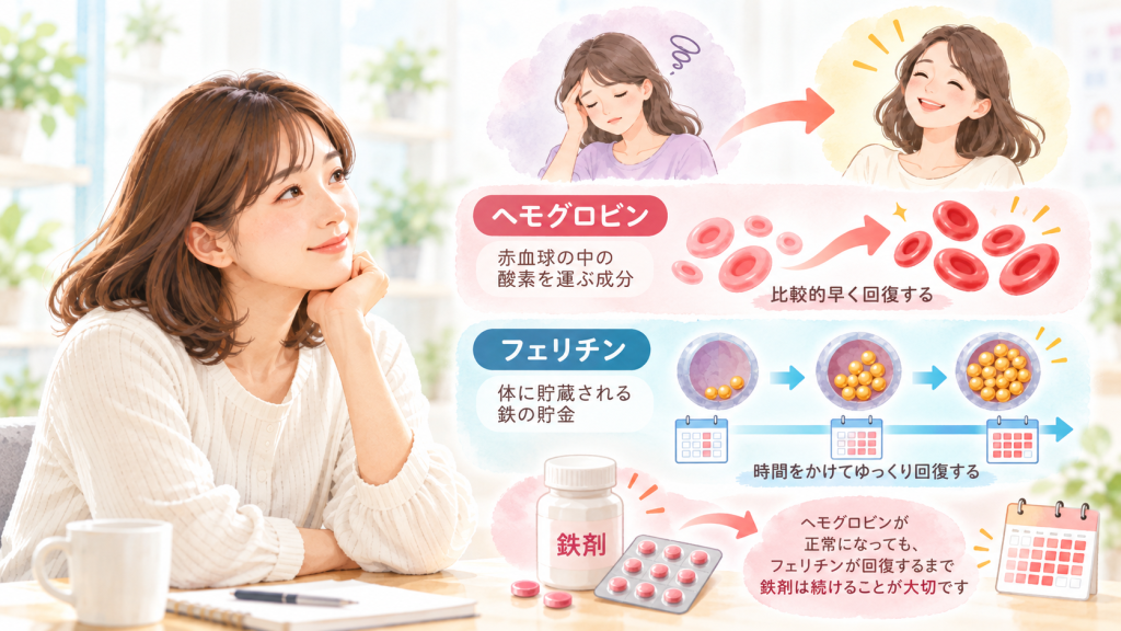 ヘモグロビンとフェリチンの回復の違いを説明する鉄欠乏性貧血のイラスト