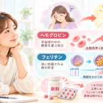 ヘモグロビンとフェリチンの回復の違いを説明する鉄欠乏性貧血のイラスト