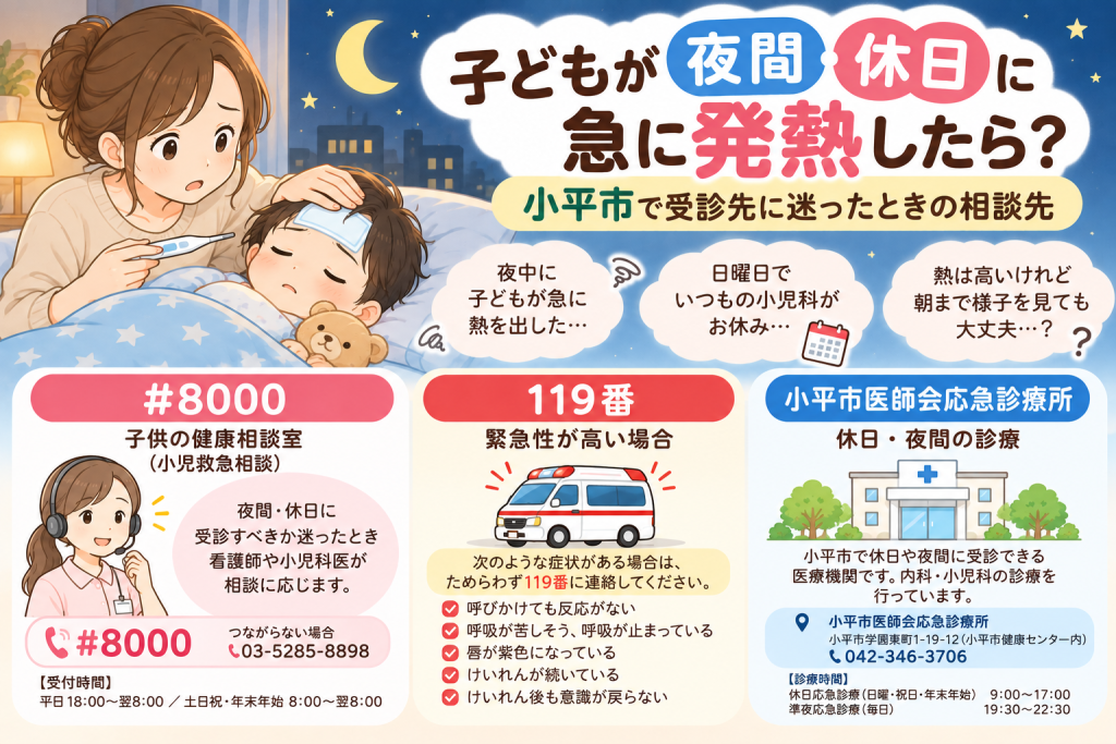 夜間・休日に子どもが急に発熱したときの小平市の相談先を紹介。発熱した子どもを看病する母親のイラストと、小児救急相談「#8000」、緊急時の「119番」、小平市医師会応急診療所の案内。