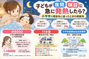 夜間・休日に子どもが急に発熱したときの小平市の相談先を紹介。発熱した子どもを看病する母親のイラストと、小児救急相談「#8000」、緊急時の「119番」、小平市医師会応急診療所の案内。
