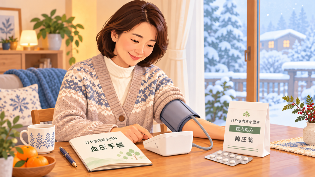 冬に自宅で血圧を測る女性と、けやき内科小児科の血圧手帳・院内処方の降圧薬