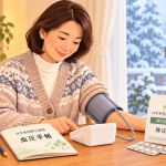冬に自宅で血圧を測る女性と、けやき内科小児科の血圧手帳・院内処方の降圧薬